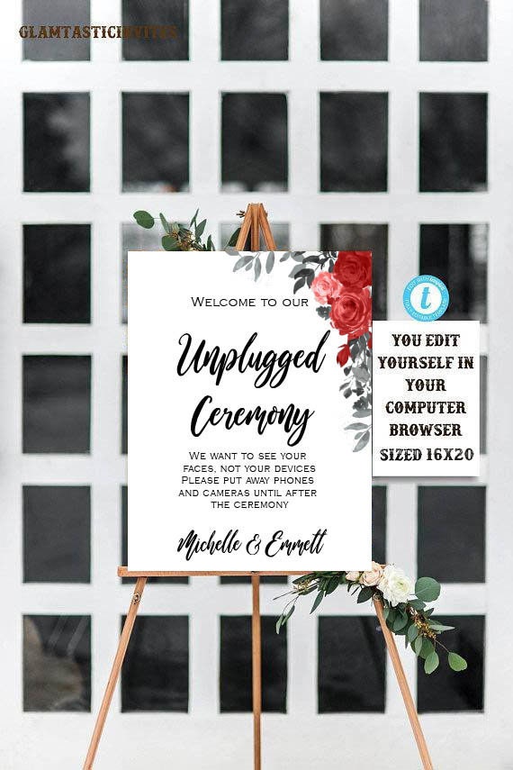 Floral Boho Red Rose Unplugged Ceremony Sign Template Wedding Decor Sign Editable Printable, Wedding Sign, Unplugged Wedding, Template, Red Il_570xn