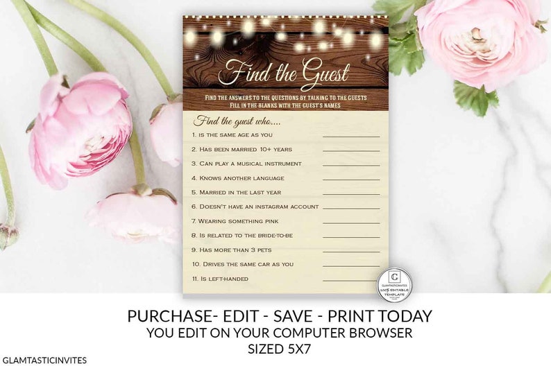 Rustic Find the Guest Bridal Shower Game Editable Printable - Etsy
