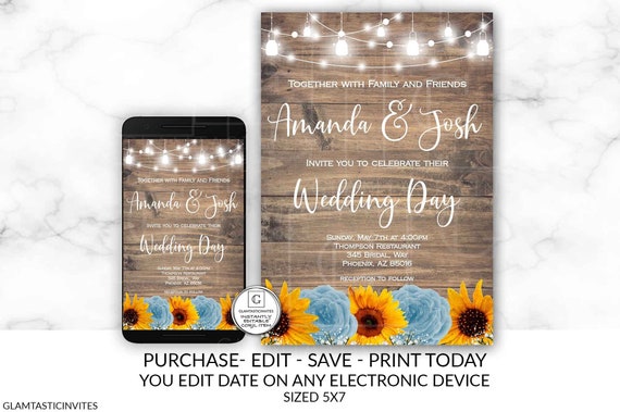 Printable Sunflower Rose Wedding Invitation, Rustic Country Farmhouse Wedding Template, Instant Download, DIY Wedding, Mason Jar Lights Il_570xn