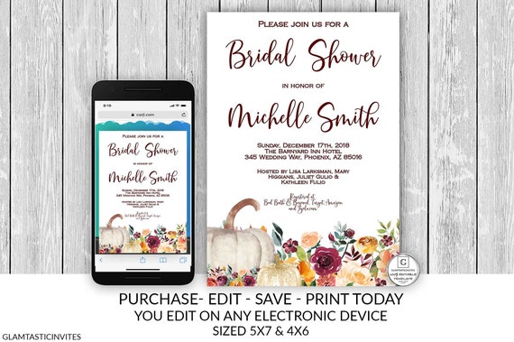 Printable Fall Bridal Shower Invitation, Rustic Editable Burgundy Gold Pumpkin Bridal Shower Template, Online Smartphone Text Email Invite