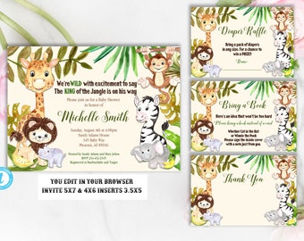 Jungle Baby Shower Invitation Package, Baby Shower Invitation, Baby Shower Template, Giraffe, Elephant, Monkey, Safari, Jungle, You Edit