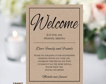 Plantilla de nota de bienvenida de boda, nota de bienvenida, plantilla de boda, USTED EDITAR, carta de bolsa de bienvenida, tarjeta de hotel, itinerario, Kraft, imprimible, bricolaje
