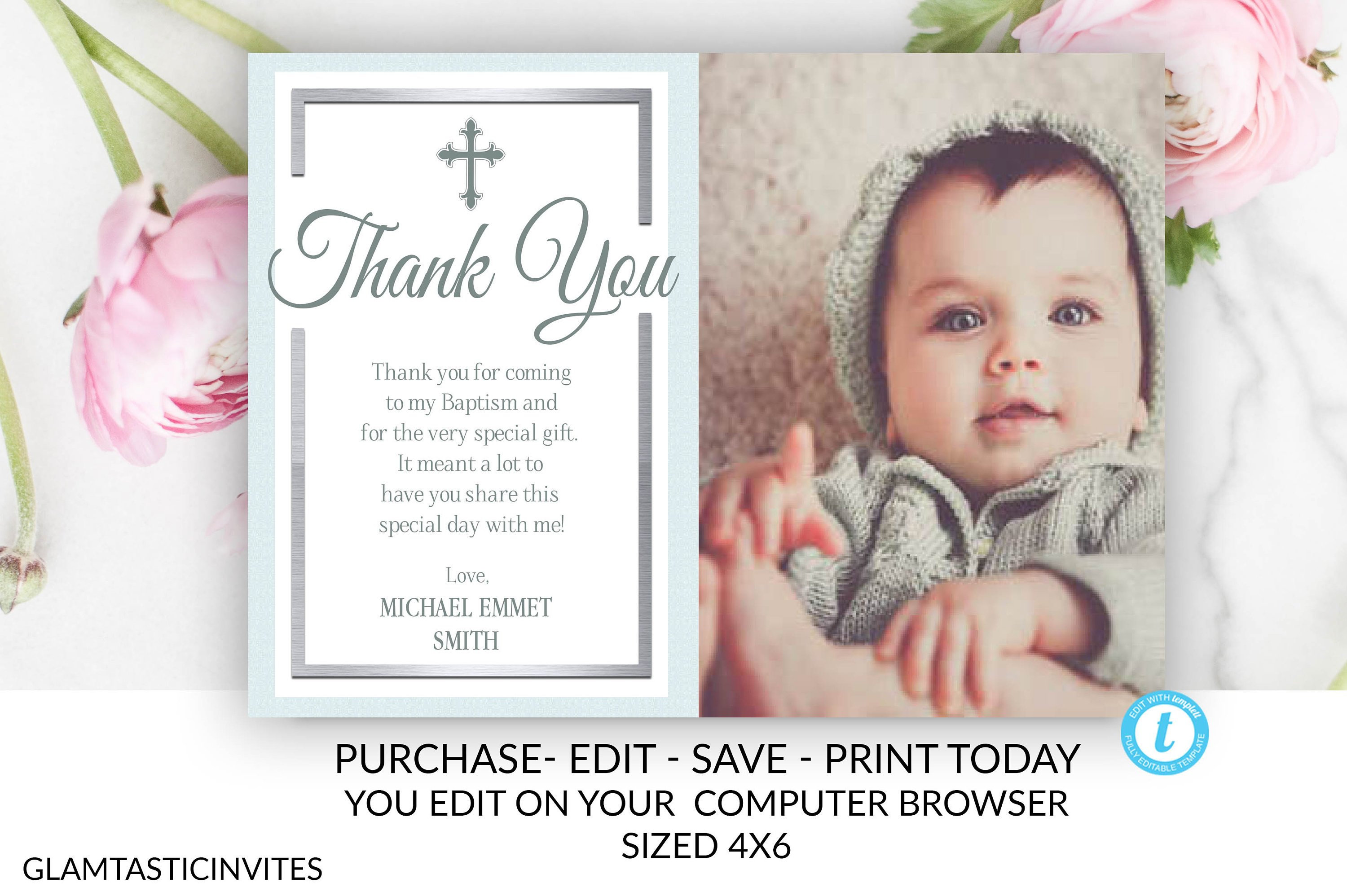 Boy Baptism Thank You Card Template Editable Printable Etsy