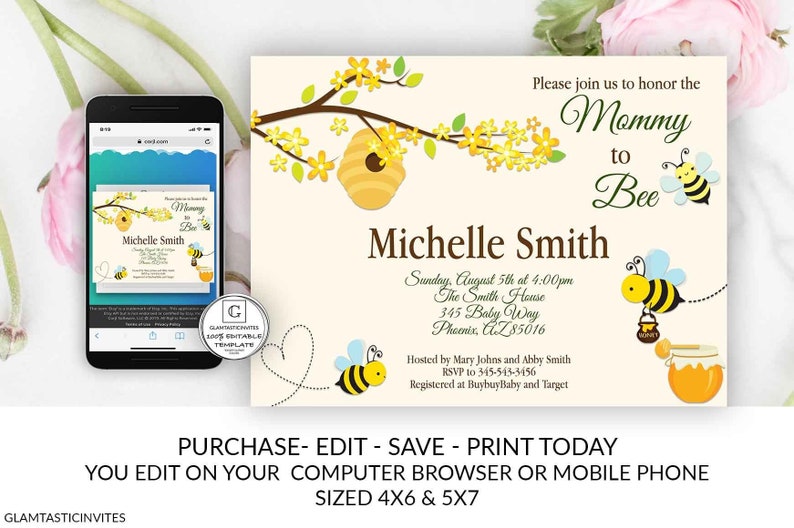 Bee Baby Shower Invitation Editable Printable Online Electronic Bee Baby Shower Template DIY Baby Shower Invite Cheap Gender Neutral Edit image 1