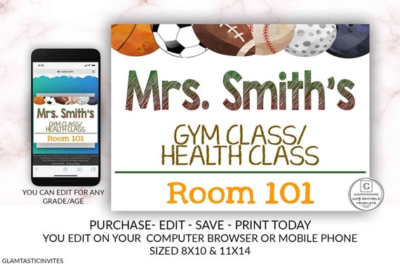 Gym Sports Teacher Door Template Sign Welcome Sign Editable