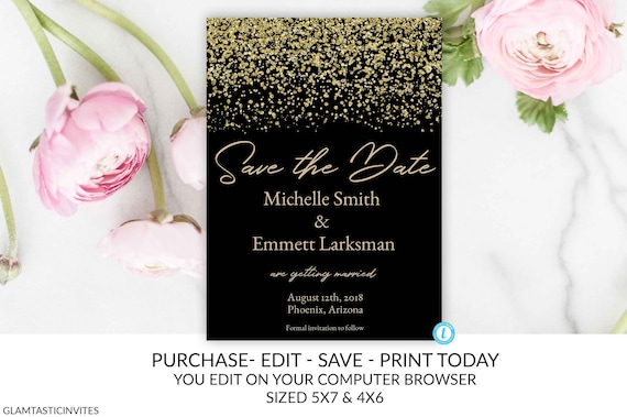 Black and Gold Save the Date Template, Save the Date Card Template, Black and Gold Wedding Template, Instant Download, Glam, Glitz, DIY Il_570xn