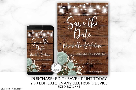 Hunter Green Rose Save the Date, Save Our Date Template, Printable Rustic Save the Date, Hanging Lights, Editable, Instant Download, DIY Il_570xn