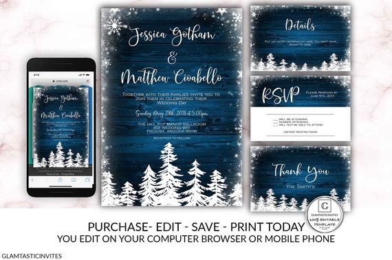 Snowflake Wedding Invitation, Editable Winter Wedding Invitation Template, Printable Wedding Invite, You Edit Instantly, Pine Tree Invite Il_570xn