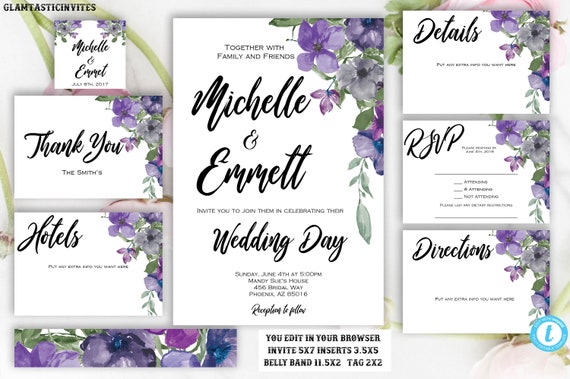 purple blue floral wedding invitation template printable template