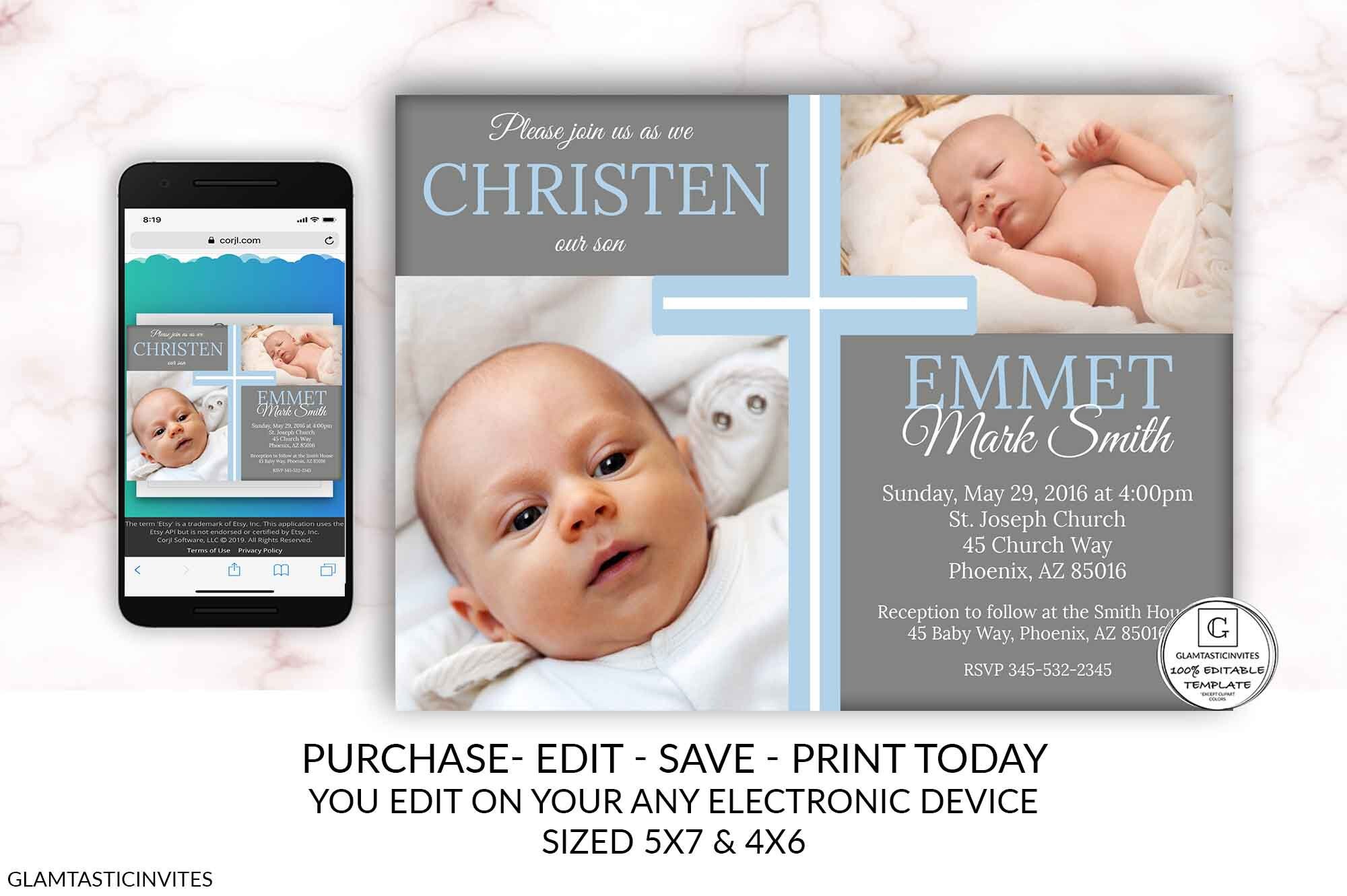 Christening Invitation Boy Christening Template Boy Etsy
