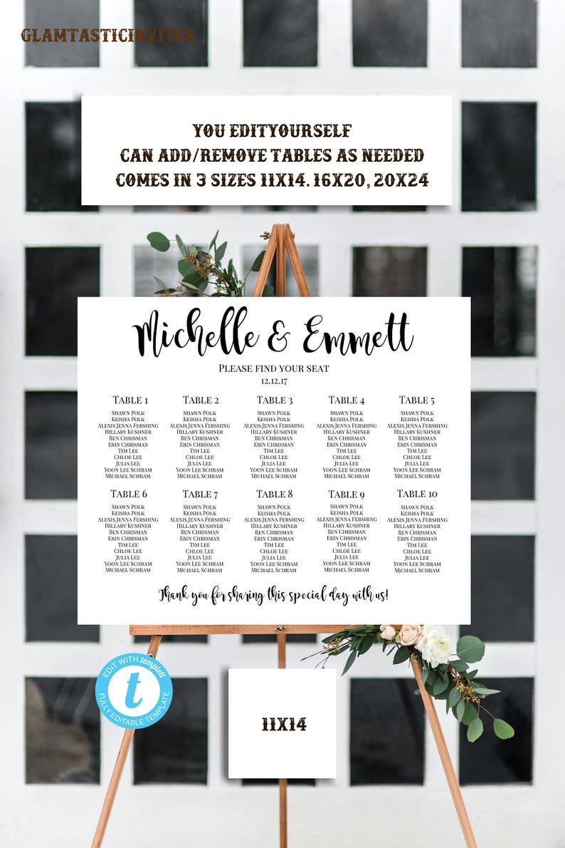 Wedding Seating Chart Template, Personalized Wedding Seating Chart, Script Wedding Seating Chart, YOU EDIT, Seating Chart Template, Template image 3