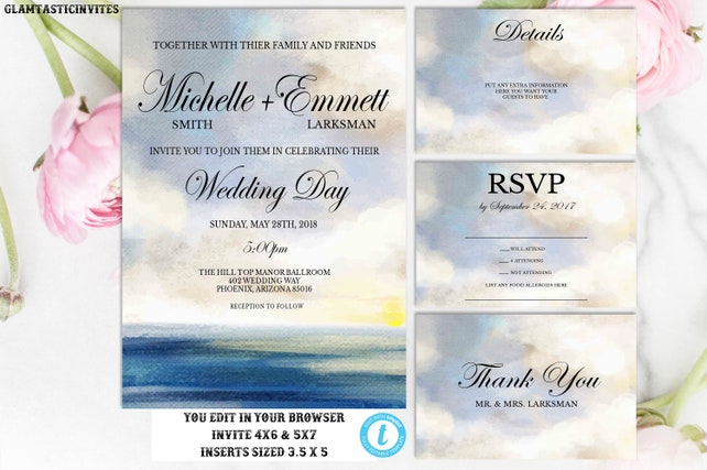 Beach Wedding Invitation Suite Template Wedding Invitation Set