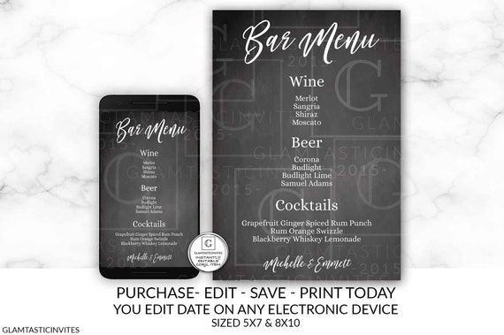 Editable Chalkboard Bar Menu Wedding Sign Template Cheap DIY Wedding  Printable You Edit Instantly Elegant Boho Wedding DIY Custom Drink Menu -  Etsy UK