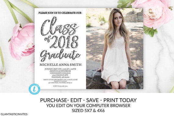 Silver Graduation Invitation, Grad Invite, Graduation Template, Class of, High School Graduation Invitation, College Grad Invite, You Edit Il_570xn