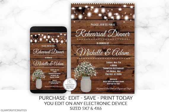 Rustic Rehearsal Dinner Invitation Template Editable Printable Instant Download YOU EDIT Boho Babies Breath, Rehearsal Dinner Invitation Il_570xn