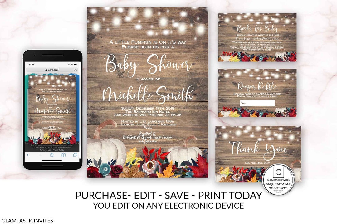 Editable Pumpkin Baby Shower Invitation Set Template Shower Editable ...