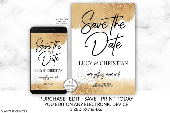 Printable Save-The-Dates, Gold Watercolor Save the Date Template, Save the Date, Elegant Wedding, Glitter Printable Save the Date Template Il_570xn