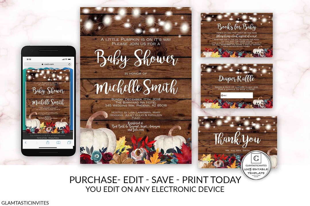 Editable Pumpkin Baby Shower Invitation Set Template Shower Printable ...