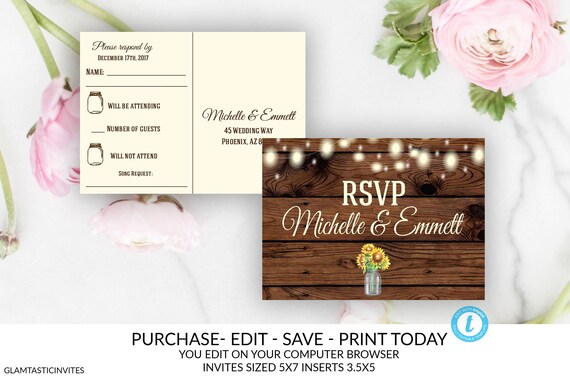 Rustic RSVP Printable Card, Printable RSVP Card Template, Wedding RSVP Card, Rustic Response Card, Sunflower, Sunflowers, Editable, You Edit Il_570xn