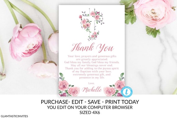 Girl Pink Floral Baptism Thank You Card Template Editable Printable Thank You Card Baptism Dedication First Communion Template Girl By Glamtasticinvites Catch My Party