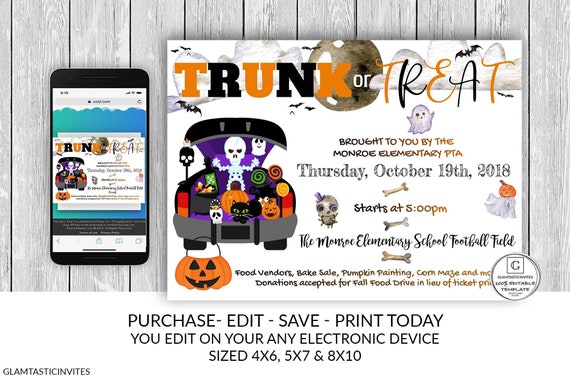 Trunk or Treat Fall Festival Flyer Block Party Invitation Church Festival Fall Harvest PTO PTA School Event Flyer Halloween Invite Community Il_570xn