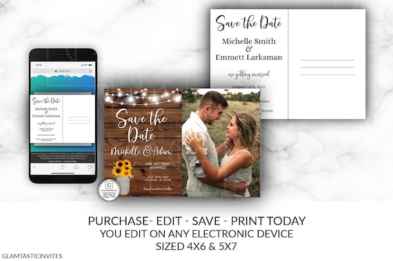 Sunflower Rustic Save the Date Postcard Card Template Country Vintage Western Floral Flower Boho Editable Printable, DIY, Save the Date Card Il_570xn