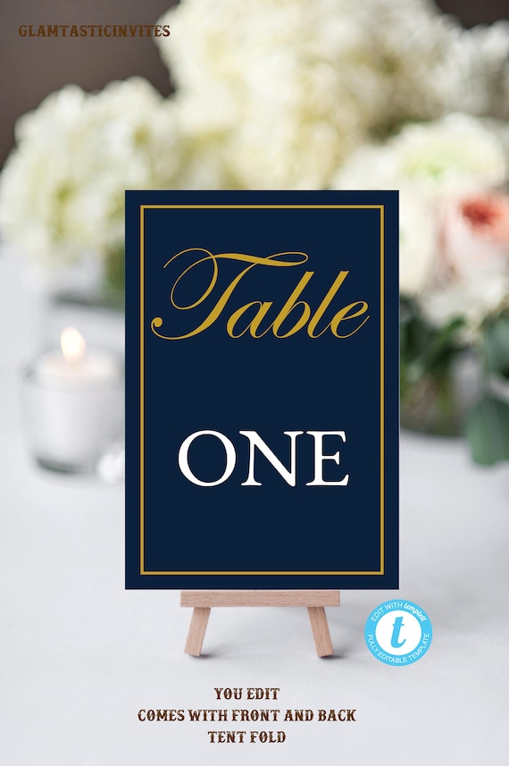 Wedding Table Number Card, INSTANT DOWNLOAD, YOU Edit, Navy Wedding Table Card, Blue and Gold Number, Blue & Gold Wedding, Table Template Il_570xn