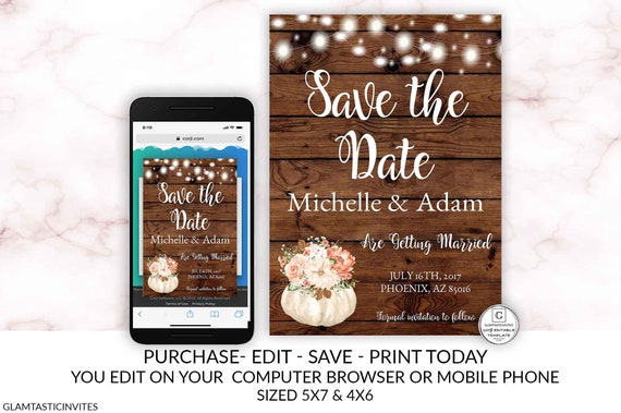 Editable Rustic Save the Date Card Invitation Template Thanksgiving Gold Orange Pumpkin Country Electronic Textable Cheap DIY Save the Date Il_570xn