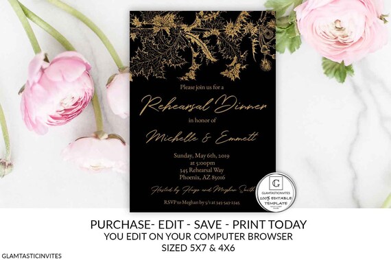 Black and Gold Leaf Rehearsal Dinner Invitation, Rehearsal Dinner Template, Editable Invitation, Printable, Instant Download YOU EDIT Glitz Il_570xn