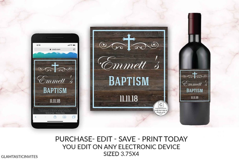 Baptism Wedding Label, Printable Baptism Religious Ceremony Label, Editable Template, Rustic Wine Label, Baptism, First Communion, Christen image 1