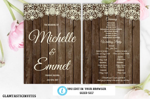Rustic Wedding Program, Wedding Program, Rustic Card, Rustic Wedding, Digital Card, Printable Card, Lace, Rustic, INSTANT DOWNLOAD, Template Il_570xn