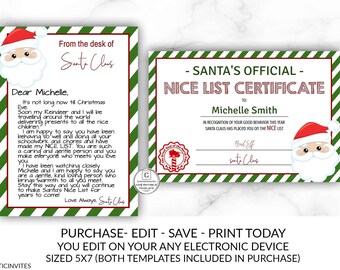 Christmas Letter from Santa Nice List Certificate Bundle, Editable, Printable, You Edit, Letter from Santa, Elf, Nice List, Nice List Reward