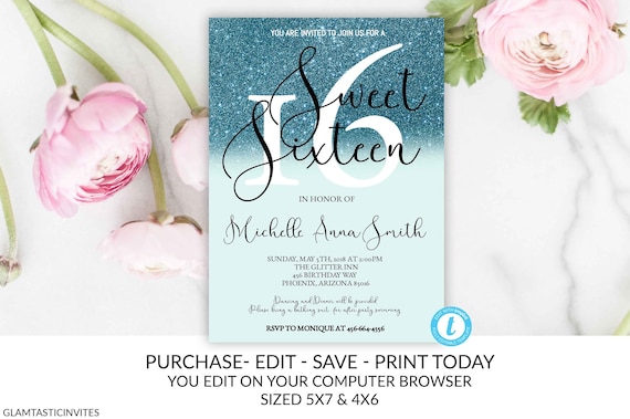 Steal Blue Glitter Sweet Sixteen Birthday Party Invitation Template, Editable, Sweet 16, Instant download, Steal Blue, Sweet Sixteen, DIY Il_570xn