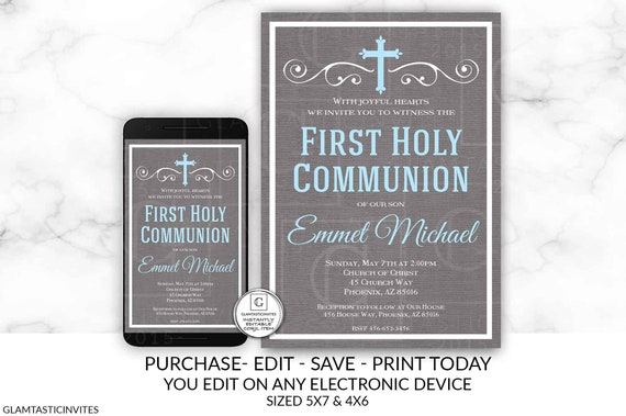 First Communion Invitation Boy, Boy First Communion Invitation, First Communion Invitation Printable, You Edit, DIY, Edit, INSTANT DOWNLOAD Il_570xn