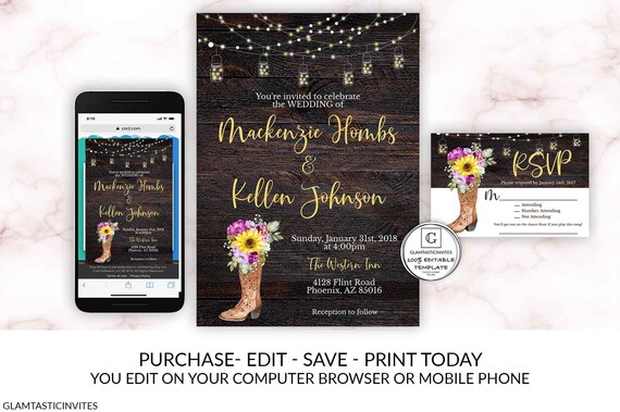 Sunflower Wildflower Rustic Wedding Invitation Template Set Instant Download Editable Printable You Edit Set, Country Vintage Boot Western Il_570xn