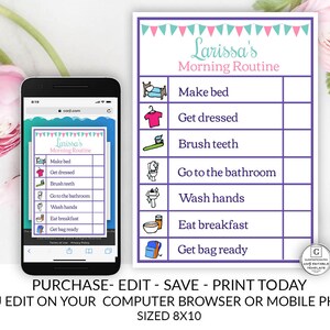 Girl Printable Editable Chore Chart Instant Download Daily Activities ...