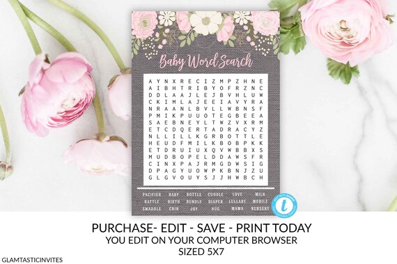 floral rustic boho peony pink grey canvas word search game baby shower word template