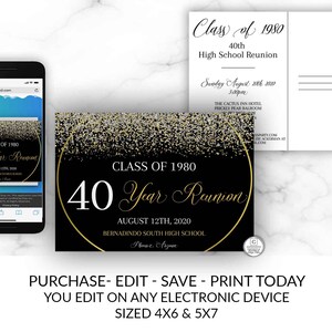 School Reunion Invitation, Class of Invitation Template, Editable Reunion Invite, Printable Personalizable Invitation, Black Gold Silver DIY image 8