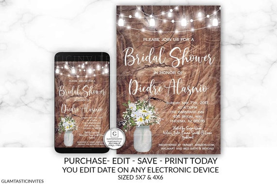 White Daisy Floral Mason Jar Bridal Shower Template Invitation, Quick Turnaround, Instant Download, Mobile Phone Editing, DIY Printable Il_570xn