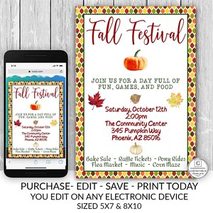 Fall Festival Flyer Template Invitation Editable Printable Thanksgiving ...