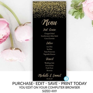 Wedding Menu Card Template, Black and Gold Menu Template, Rack Card Template, DIY Wedding, Instant Download, Black, Gold, Printable,Editable image 1