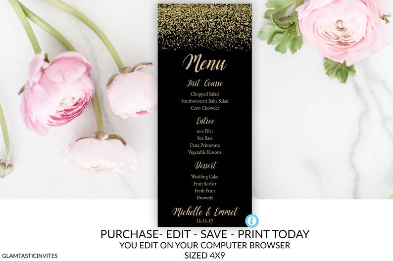 Wedding Menu Card Template, Black and Gold Menu Template, Rack Card Template, DIY Wedding, Instant Download, Black, Gold, Printable,Editable image 1