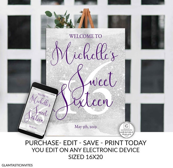 Sweet Sixteen Welcome Sign Silver Purple 16th Birthday Welcome Sign Template Editable Printable Welcome Sign Sweet Sixteen Surprise Birthday Il_570xn