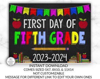 First Day of Fifth Grade Sign, Instant Download, First Day of School Chalkboard, Three Sizes, First Day of School. Chalkboard Sign, DIY, 5th