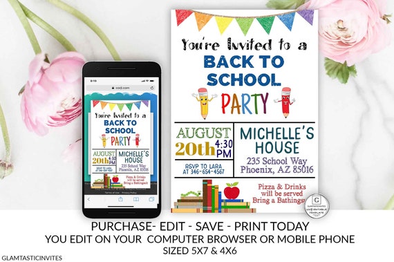 Back to School Party Invitation Template Editable Printable Instant Download Boy Girl End of Summer Bash Pool Party YOU EDIT Pencil DIY Card Il_570xn