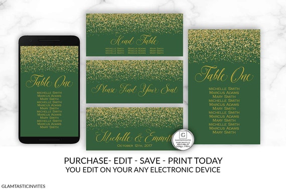 Printable Hunter Green Gold Wedding Table Numbers Editable Table