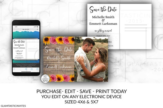Sunflower Burgundy Rose Rustic Save the Date Postcard Card Template Country Floral Flower Boho Editable Printable, DIY, Save the Date Card Il_570xn