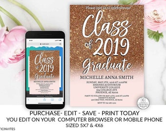 Rose Gold Graduation Invitation Editable Printable Glitter Class Of High School College Masters Graduation Electronic Cheap Online Invite