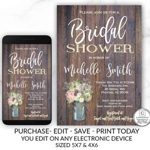 Rustic Bridal Shower Invitation Template, Rustic Invitation, Editable ...