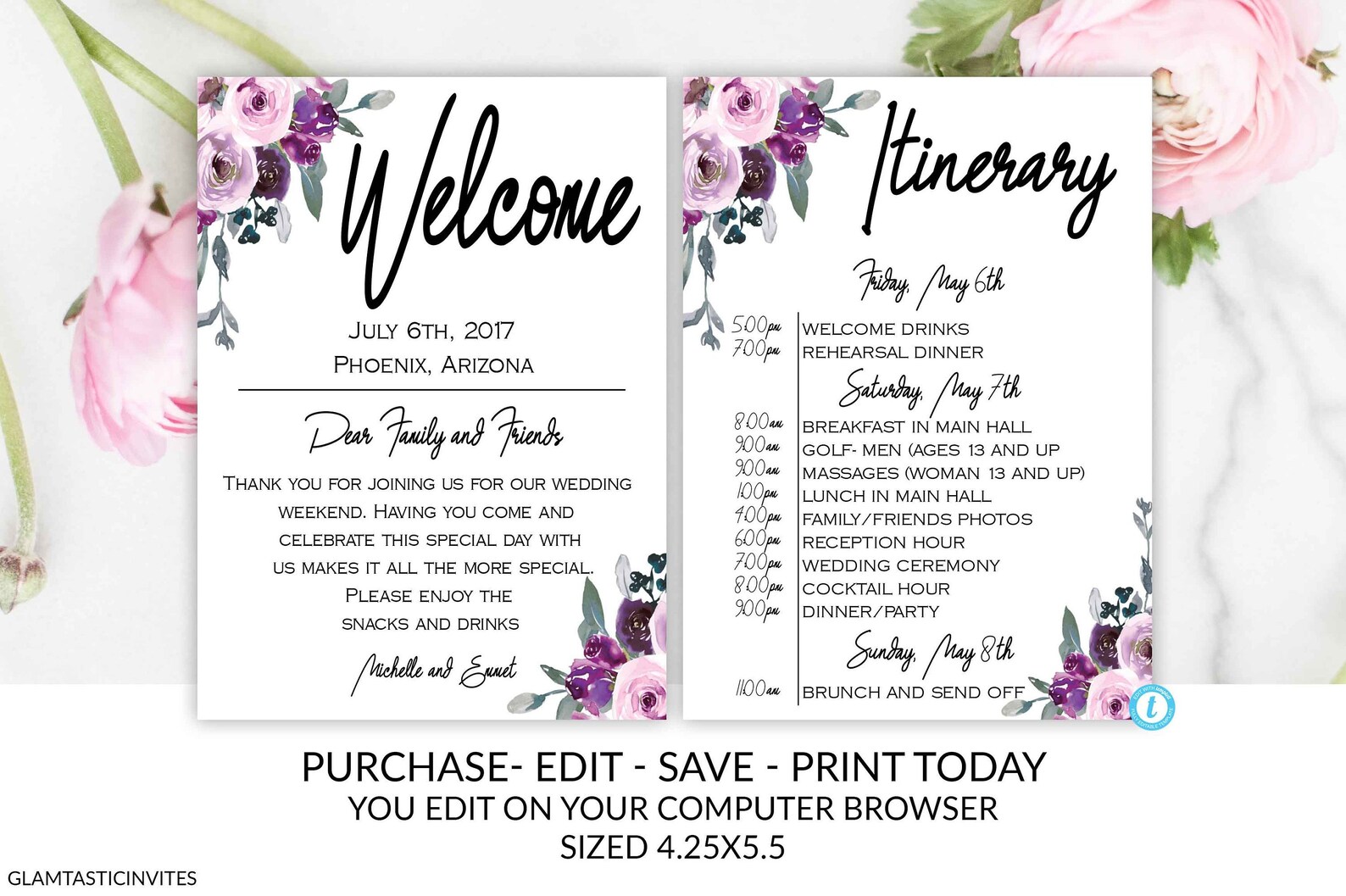 Purple Floral Wedding Note Template Note Etsy